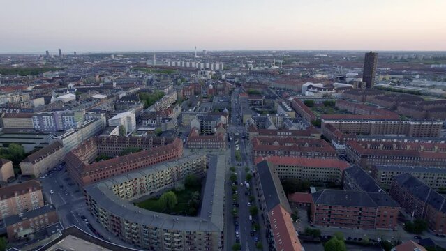 Drone flies along quiet road in Copenhagen, spring evening, Denmark prt 2
