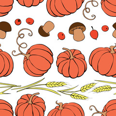 Vector seamless pattern of autumn harvest symbols: pumpkins, wheat ears, berries, mushrooms in flat doodle style. Colorful background, texture. Theme: forest, happy autumn, Thanksgiving