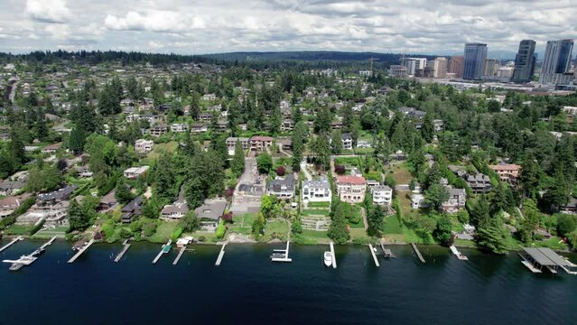 Luxury Waterfront Homes Aerial View in Bellevue Washington