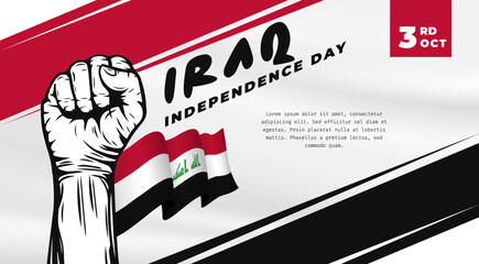 Banner illustration of Iraq independence day celebration with text space. Waving flag and hands clenched. Vector illustration.