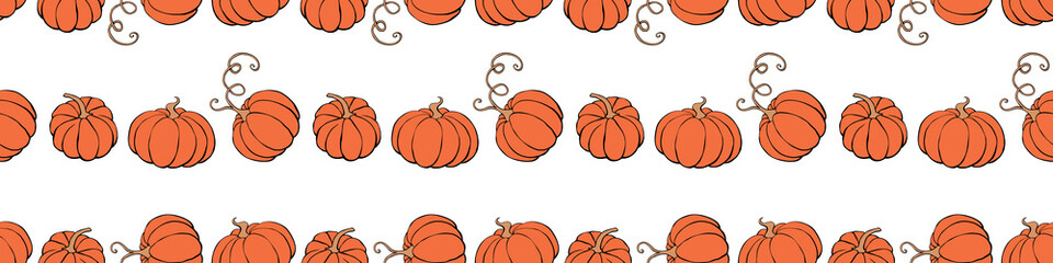 Vector seamless pattern with outline pumpkins in doodle flat style. Halloween or thanksgiving background and texture