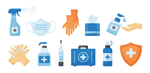 Medical icon. Disinfect gel bottle. Hygiene. Alcogol spray and soap, antiseptic vector set, antibacterial liquid, protective mask, gloves, wipes. PPE Medicine illustration