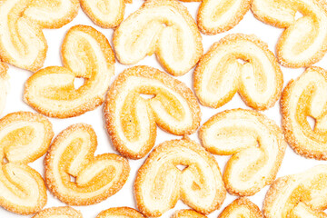 Heart-shaped cookies top view background