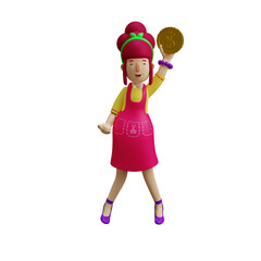 3D illustration. 3D Mother Cartoon Character with gold coins. holding a gold coin up with one hand. showing a happy smile expression. 3D Cartoon Character