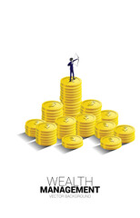 Businessman in suit shoot the arrow to target on money coin stack. Business Concept of marketing target and customer.