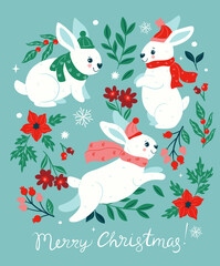 Postcard with cute rabbits in hats and scarves. Vector graphics.
