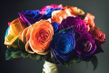 Fototapeta premium Digital illustration of a beautiful bouquet of multicolor rainbow roses in a vase