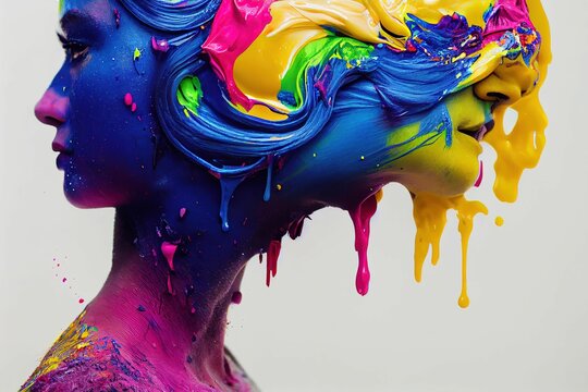 Hyper-realistic illustration of a multicolor gooey paint sculpture of people faces