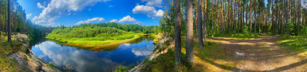 background panoramic view, photo of a beautiful serene forest river among the trees in the reserve,...