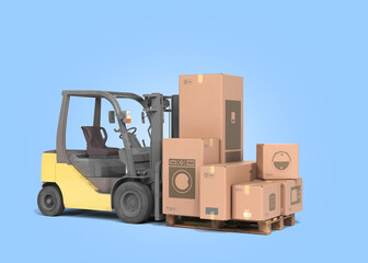 delivery from the store concept The loader loads boxes with equipment  3d render on color gradient