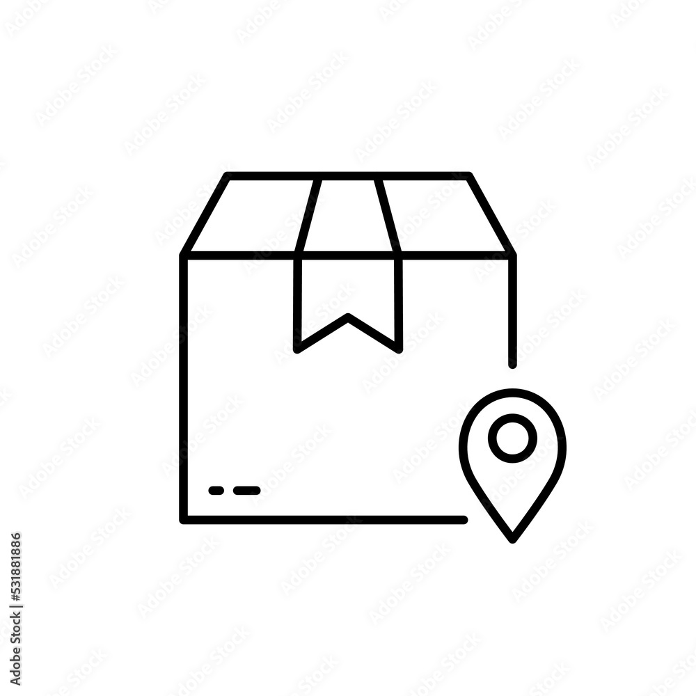 Poster parcel box point on shipping map geolocation line icon. order delivery location linear pictogram. lo