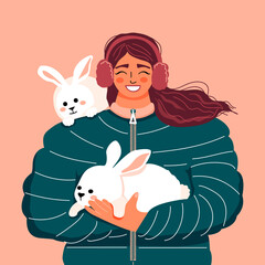Woman holding a rabbits. Girl in the winter jacket. Hare, bunny -Symbol of the chinese New Year 2023. Vector illustration