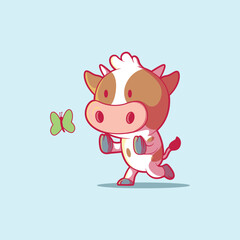Obraz na płótnie Canvas Cow Character trying to catch a butterfly vector illustration. Animal, brand, mascot design concept.