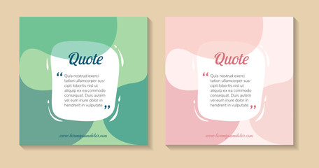 Quote frames blank templates set. Text in brackets, citation empty speech bubbles, quote bubbles. Textbox isolated on square layout background. Vector illustration in multicolored green and pink