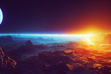 3d rendered Space Art: Alien Planet - A Fantasy Landscape with purple skies.