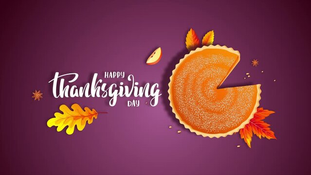Happy Thanksgiving Day bannerwith pumpkin pie, apples and autumn leaves. Animation video.