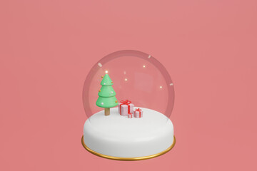 Empty dome white podium christmast new year pink background. 3d rendering giftbox and pine tree