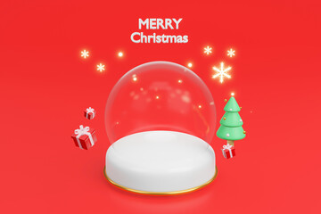 Empty dome white podium christmast new year red background. 3d rendering giftbox pine tree and snowflake