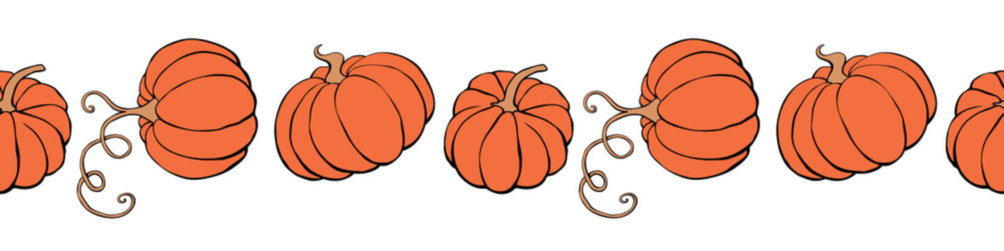 Vector edging, ribbon, border from outline orange pumpkins in doodle flat style. Autumn seamless pattern, ornament, decorative element, decoration for seasonal design, Thanksgiving