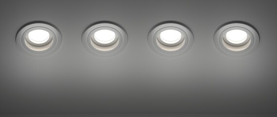 Spotlights recessed ceiling 3D render set. Realistic mockup of round glowing spot lights at night. Artificial lighting, modern LED lamps for home or office isolated on dark background - obrazy, fototapety, plakaty
