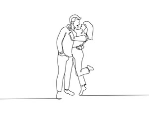 Happy Couple Woman and Man Continuous Line Drawing. Peoples Silhouette Black Sketch on White Background. Couple Line Art Drawing. Vector Illustration.