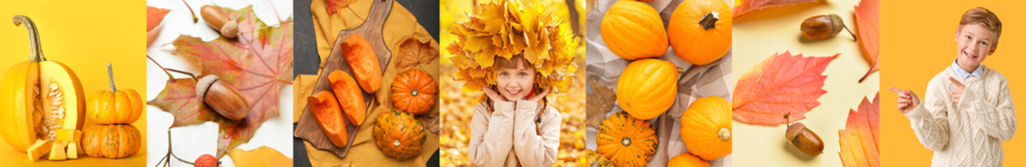 Autumn collage with little children in warm clothes, with pumpkins and floral decor