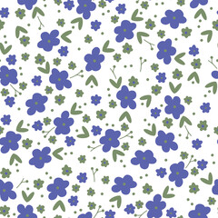 Simple vintage pattern. blue  flowers. green leaves. white  background. Fashionable print for textiles and wallpaper.