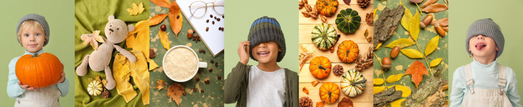 Autumn collage with little boys in warm clothes, with cup of coffee and floral decor