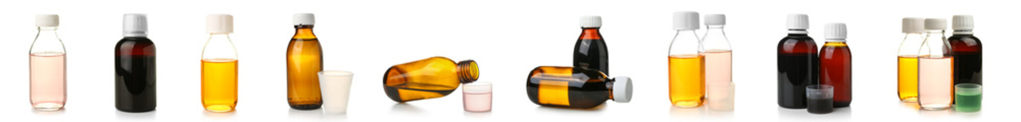 Set of cough syrup on white background