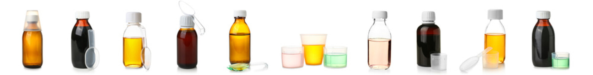 Set of cough syrup isolated on white