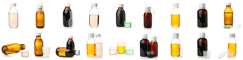 Set of cough syrup isolated on white