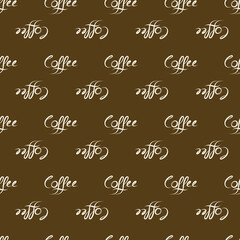 Hand-drawn vector calligraphy and unique brush pen lettering word coffee. Seamless background with script text geometric design. Repeat backdrop for advertising cafes, restaurants, bakery, packaging