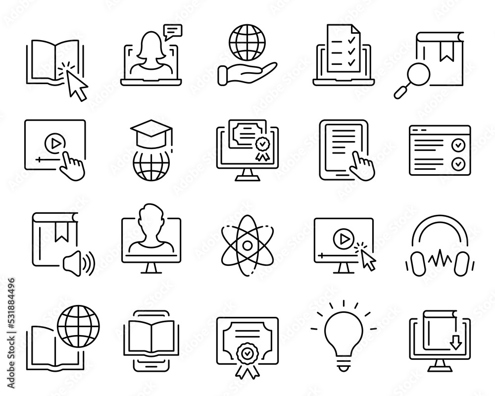 Poster online education in school and university line icon set. digital study in computer courses linear pi