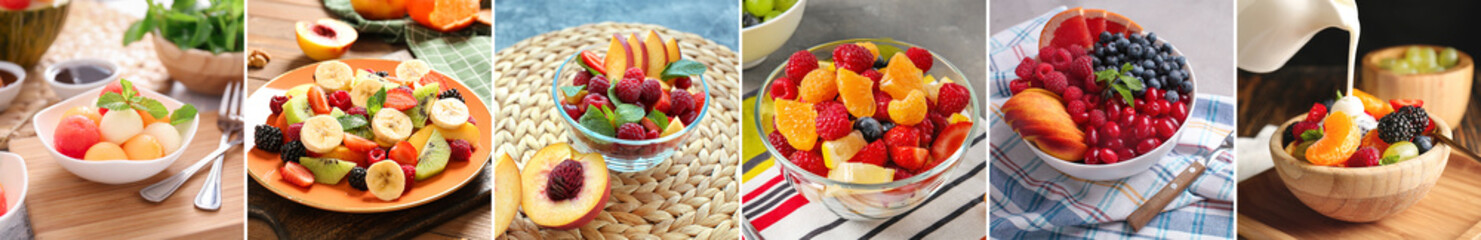 Collage with different delicious fruit salads