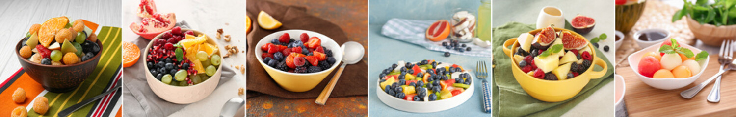 Collage with many delicious fruit salads