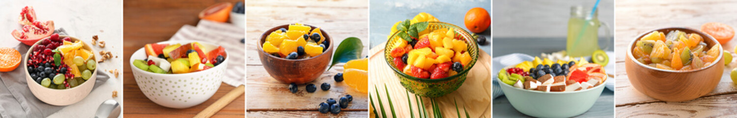 Collage with many delicious fruit salads