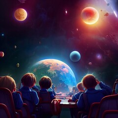 schoolchildren visiting planetarium 3d illustration - obrazy, fototapety, plakaty