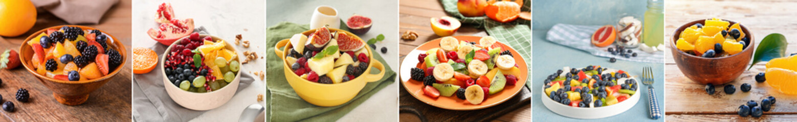 Collage with many tasty fruit salads