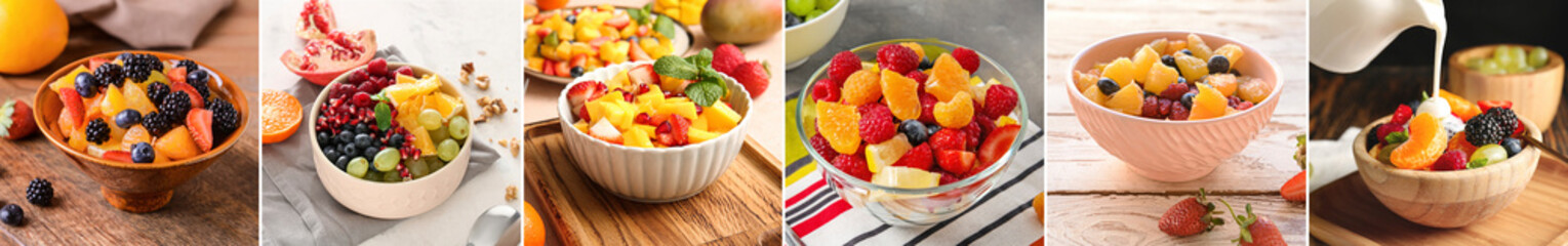 Collage with many fresh fruit salads