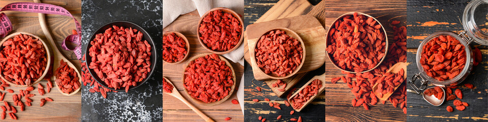 Collage with dried goji berries on wooden background, top view