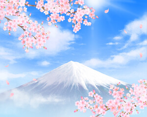 美しく華やかな桜の花と花びら舞い散る光差し込む青空ー富士山の映えるフレーム背景素材イラスト