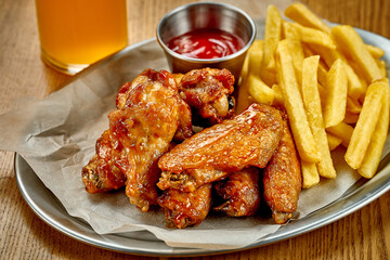 BBQ chicken wings. Beer snack. Close-up, selective focus. Noise added in post-production