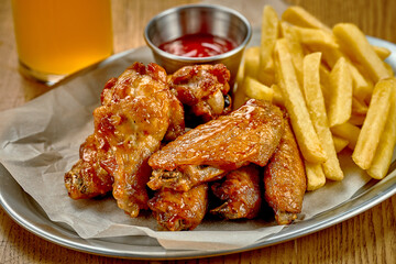 BBQ chicken wings. Beer snack. Close-up, selective focus. Noise added in post-production