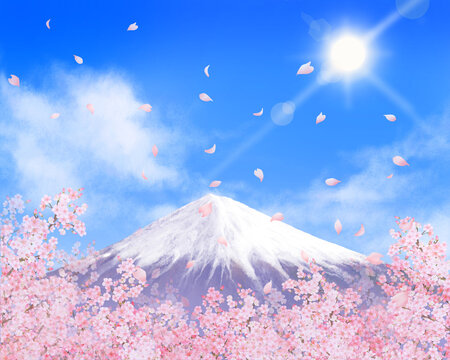 美しく華やかな桜の花と花びら舞い散る光差し込む青空ー富士山の映えるフレーム背景素材イラスト