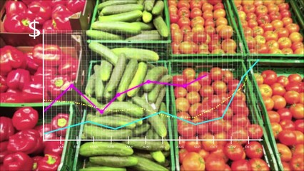 Vegetables at grocery shop with animated graphs showing rising prices due to global inflation and recession.