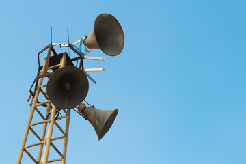 Retro loudspeaker warning system. System of alert for population. Sound amplifier with loudspeakers...