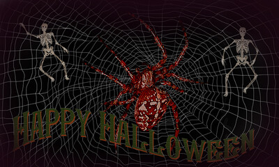 Scary background with two skeletons and red spider Happy Halloween - greeting card, poster and wallpaper.