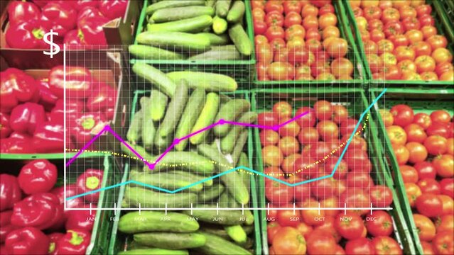 Vegetables at grocery shop with animated graphs showing rising prices due to global inflation and recession.