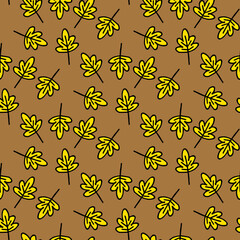 Seamless pattern of autumn yellow leaves on light brown background. Vector image. Doodle style.
