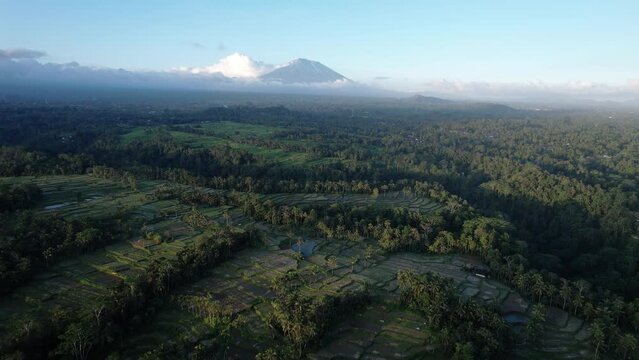 Landscape is split by wooded ravines, rice paddies on flat hills, and Mount Agung stands in distance. Scenic aerial view of countryside at central Bali in evening hour.